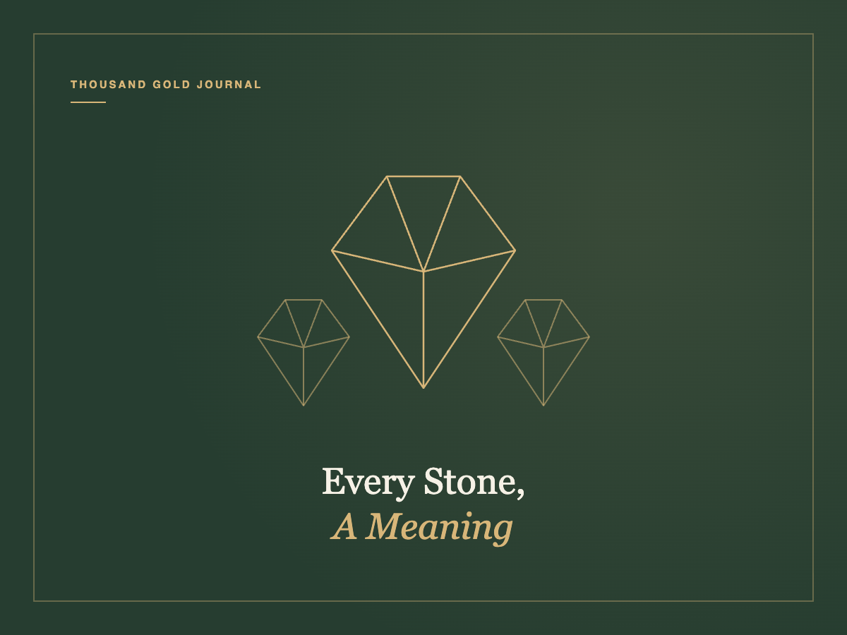 Line-art illustration of faceted gemstones on a deep jade background, for the complete gemstone meaning guide