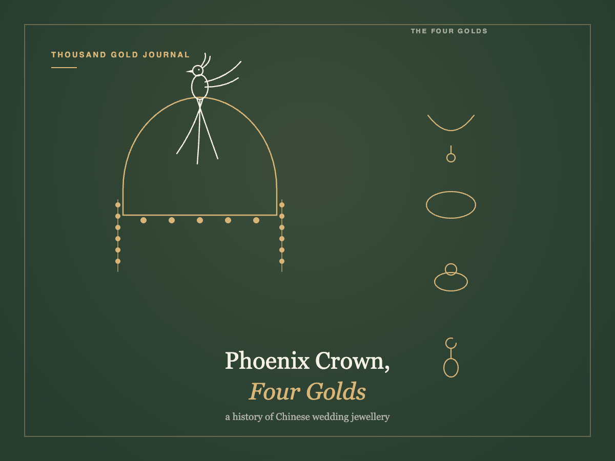 Line-art illustration of a Chinese phoenix crown with hanging pearl tassels, beside icons of the four gold wedding pieces — necklace, bracelet, ring, and earrings