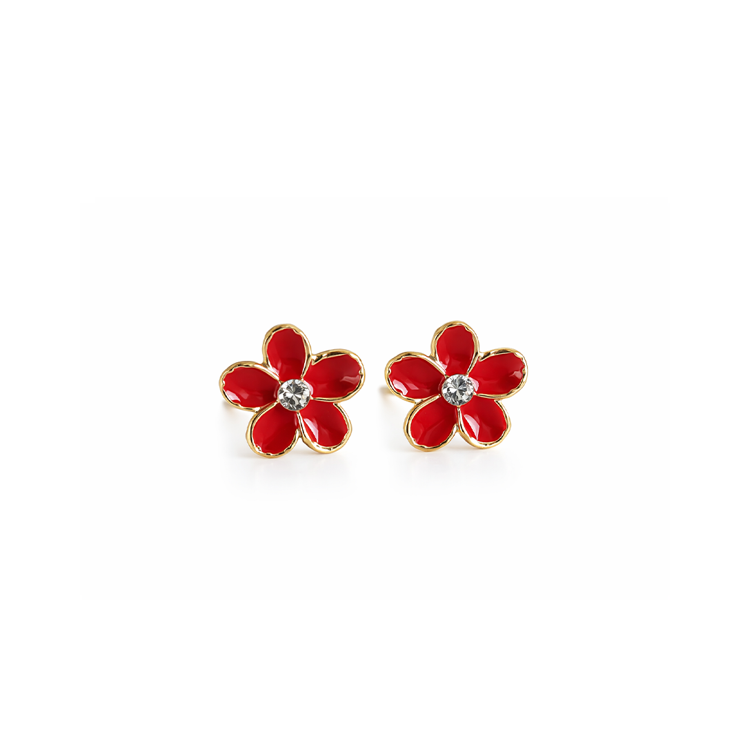 Red flower shaped earrings with gold plated accents 