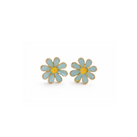Pair of flower-shaped earrings with light turquoise petals and yellow centre