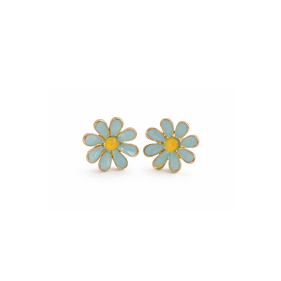 Pair of flower-shaped earrings with light turquoise petals and yellow centre