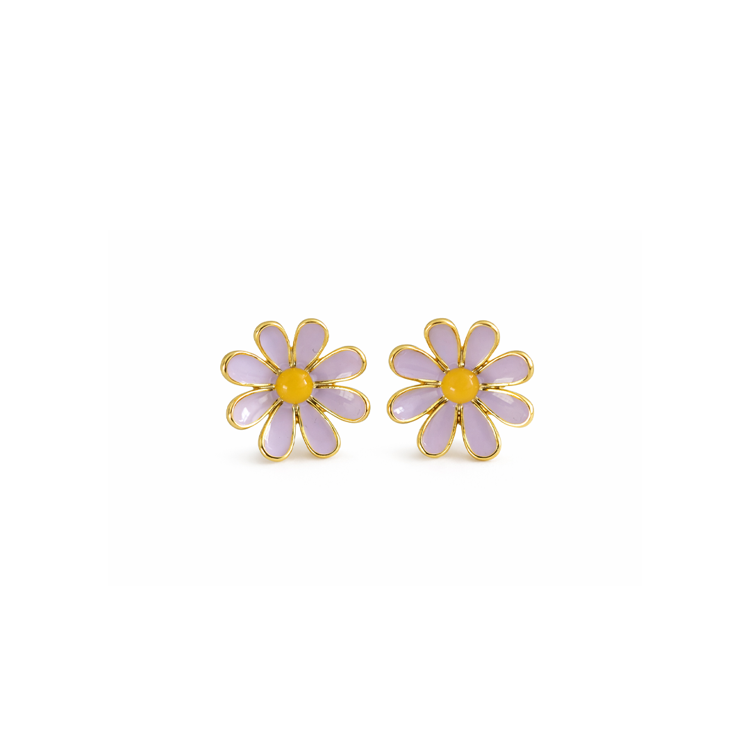 Pair of daisy-shaped earrings with purple petals and yellow centre