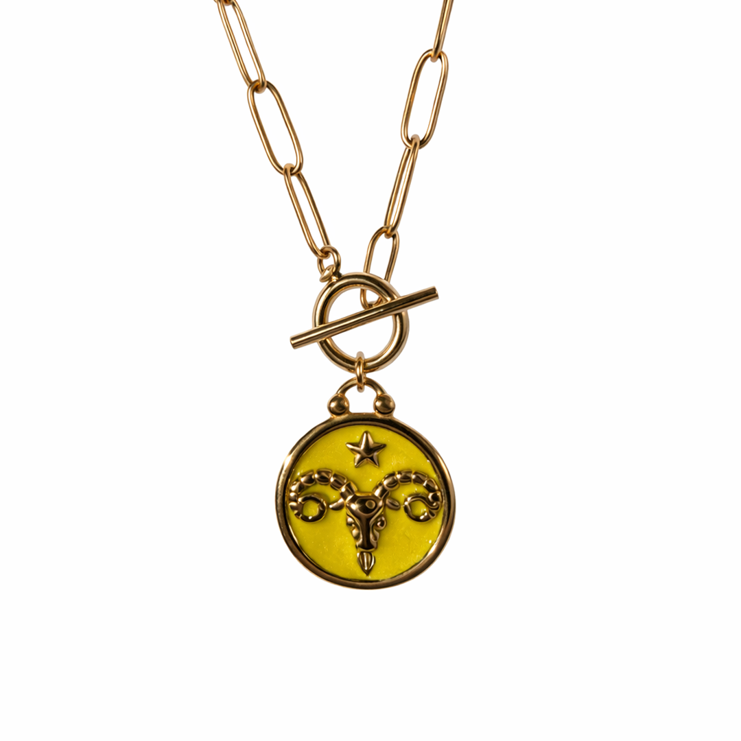 Aries necklace Gold plated necklace with a yellow pendant featuring a ram design 