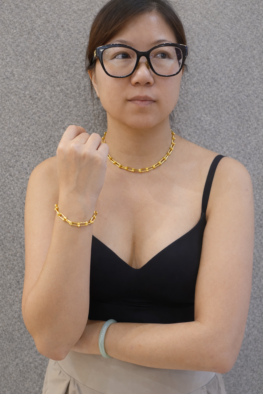 Woman wearing gold plated jewelry 