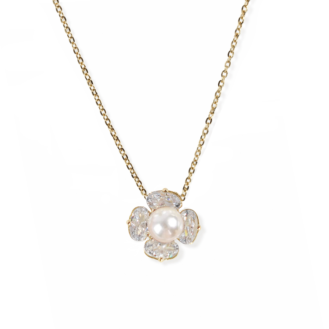 gold plated sterling silver necklace with a floral pendant featuring a pearl 