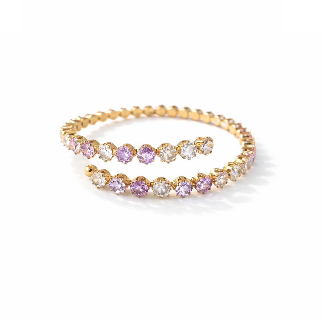Celestial cuff  gold plated bracelet with light pink and white clear gemstones