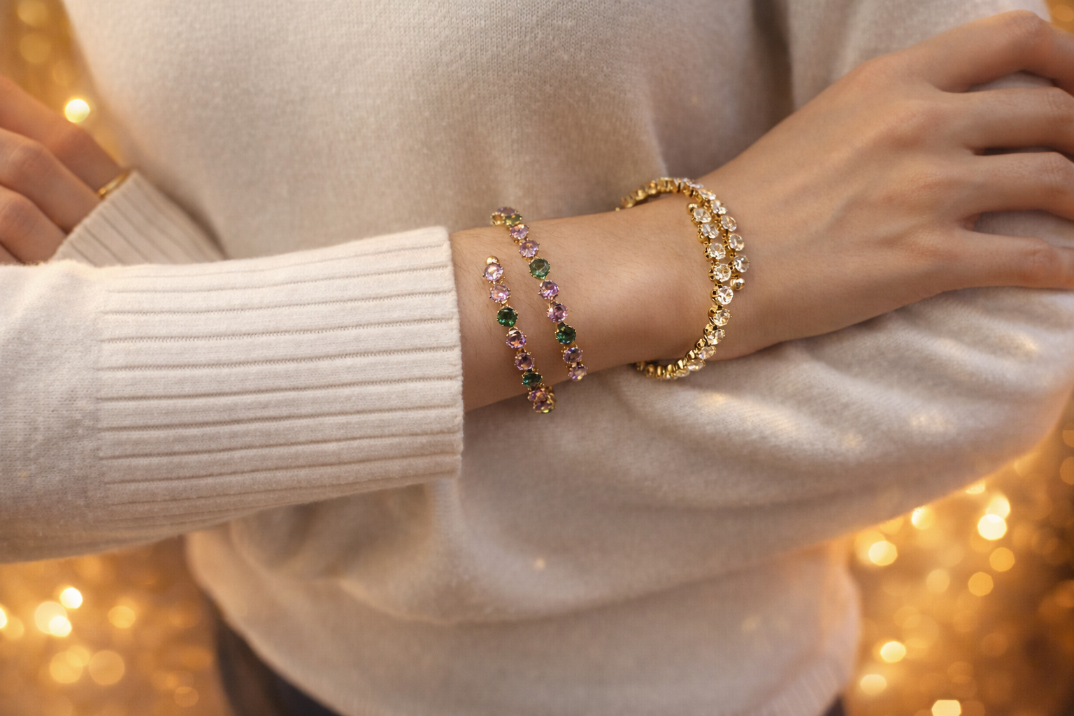 Celestial cuff is two bracelets one with colorful gemstone while the other has white gemstone