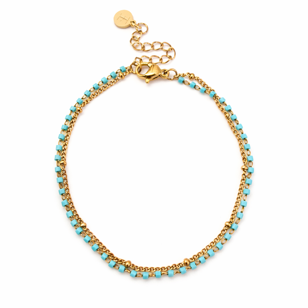 Gold plated stainless steel bracelet with turquoise beads 