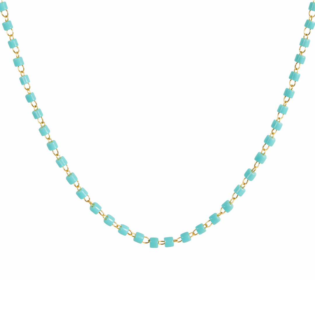 necklace with turquoise beads and gold plated chain