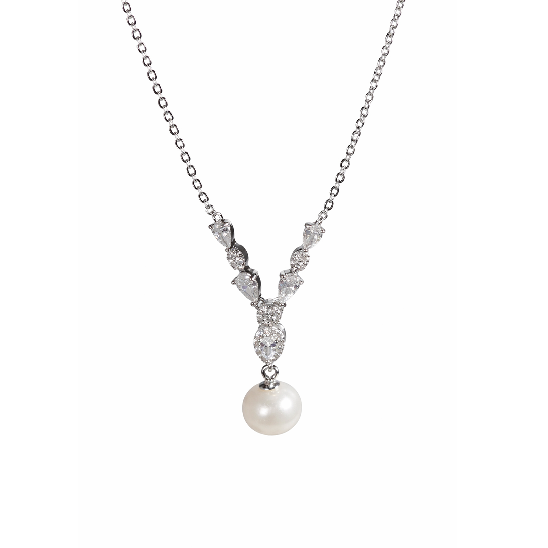 sterling silver necklace with a pearl pendant and cubic zirconia 