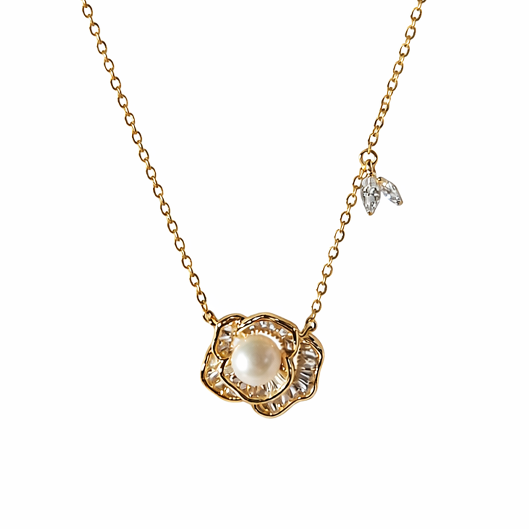 Eternal blossom gold plated necklace with a floral pendant and a pearl
