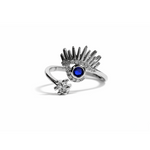 sterling silver ring with blue gemstone and decorative elements 