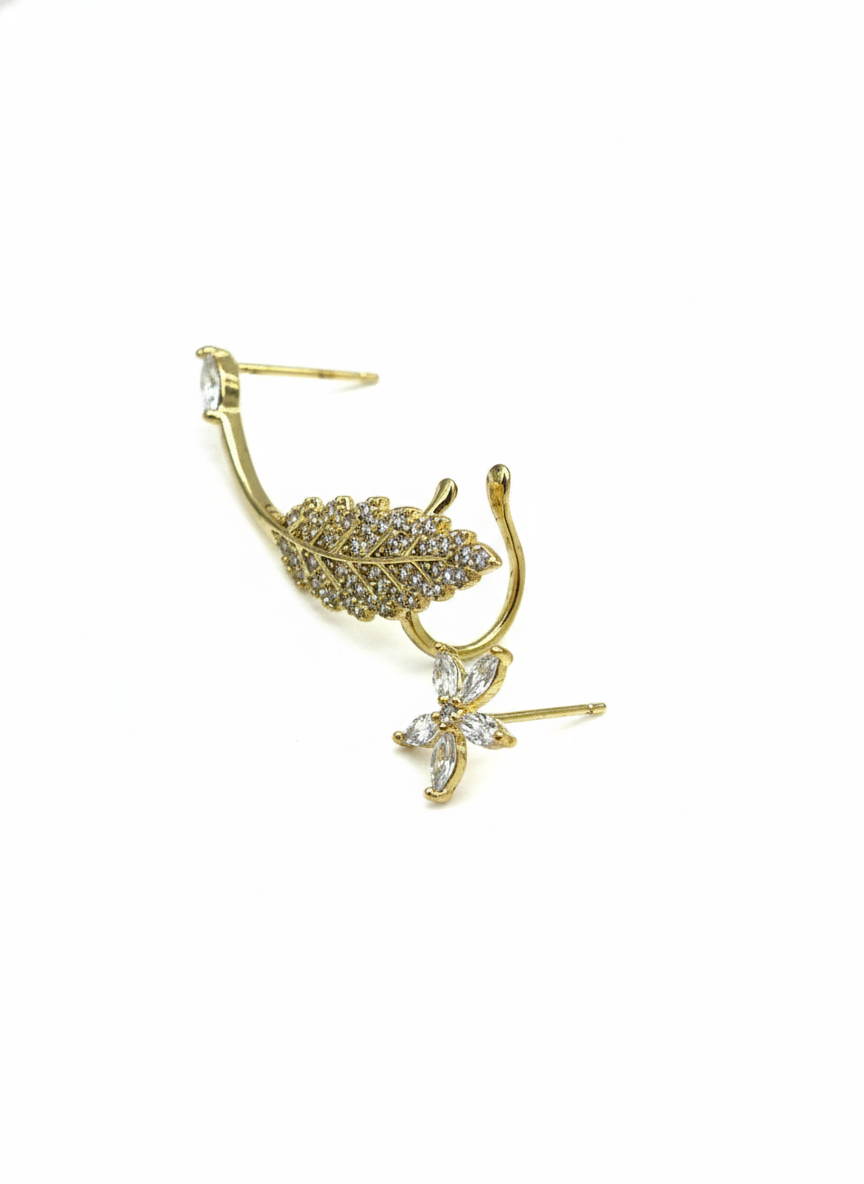 gold earring with leaf and butterfly design copper plated 