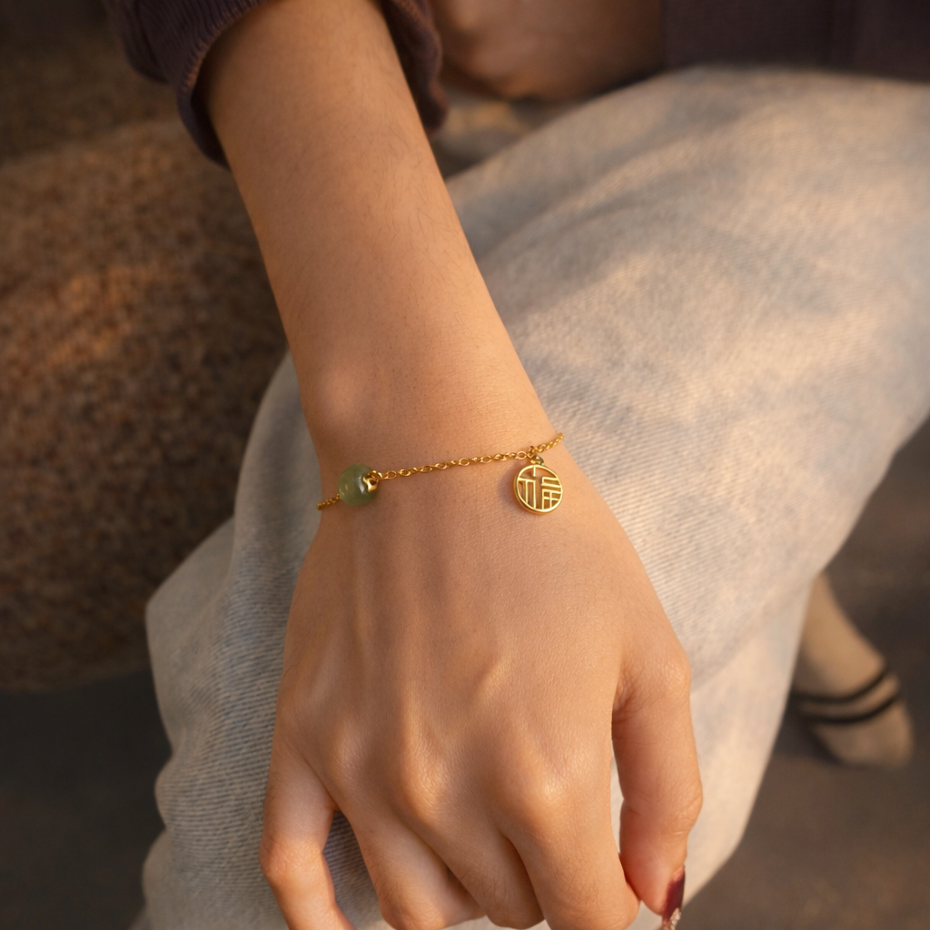 Woman wearing Ling’s Luck 瑞 (Rui) bracelet with green bead and circular charm