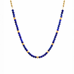 Linked joy necklace with dark blue beads and gold plated stainless steel chain