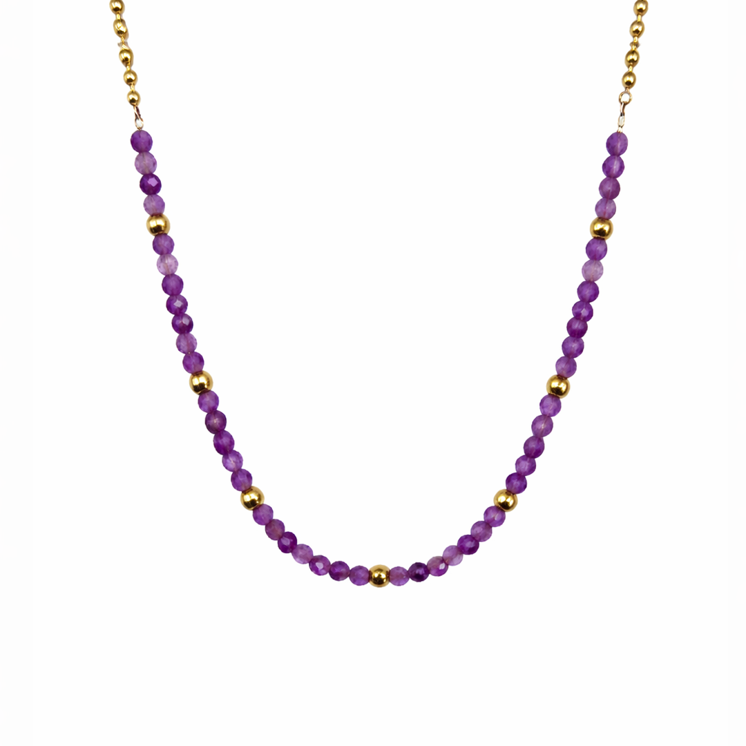 Linked joy necklace with purple beads and gold  plated stainless steel chain