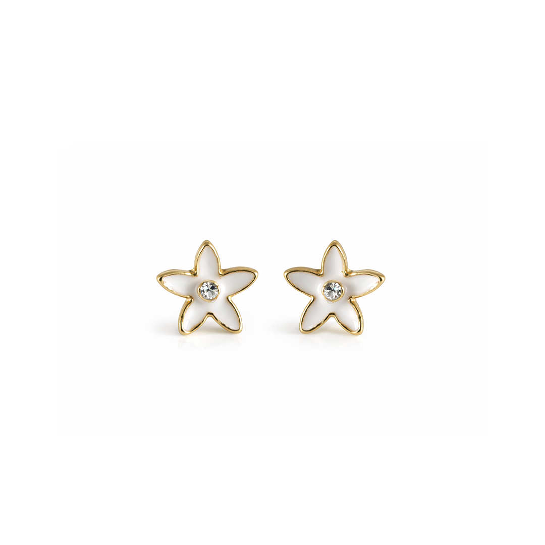 Star shaped earrings with gold rims and white center 
