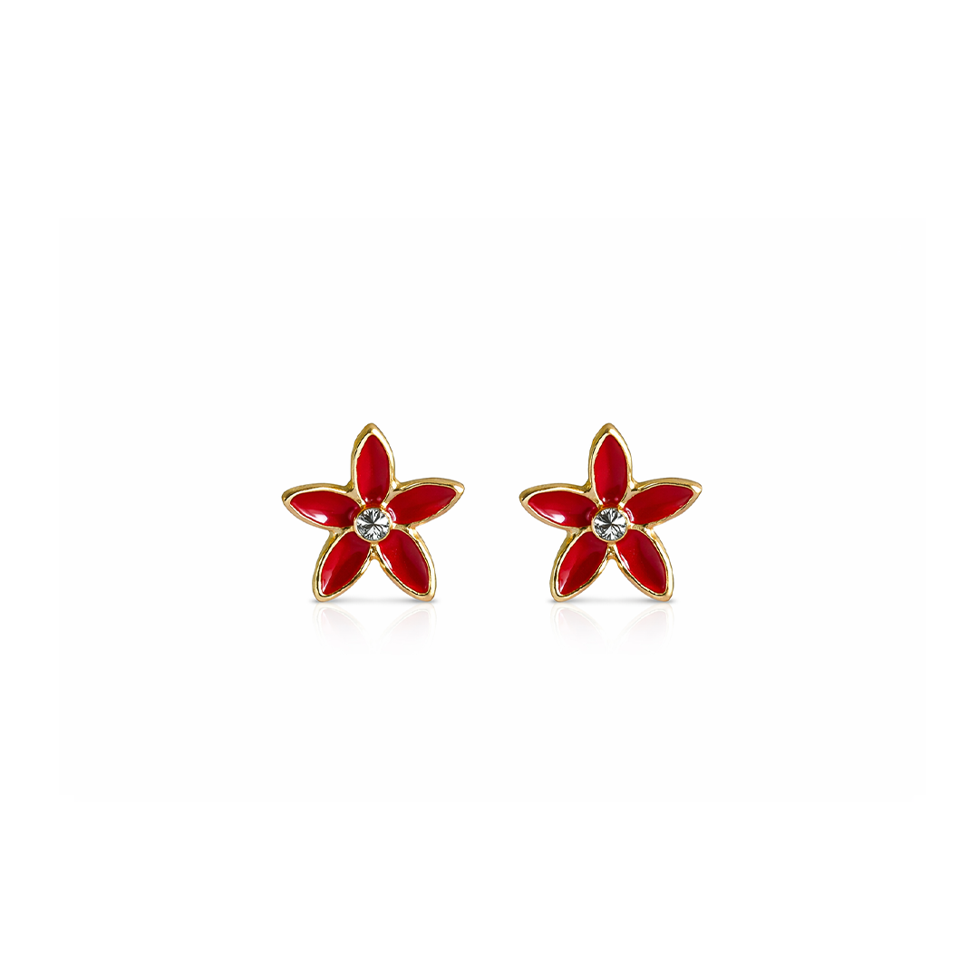 Red flower shaped earrings with gold plated accents 