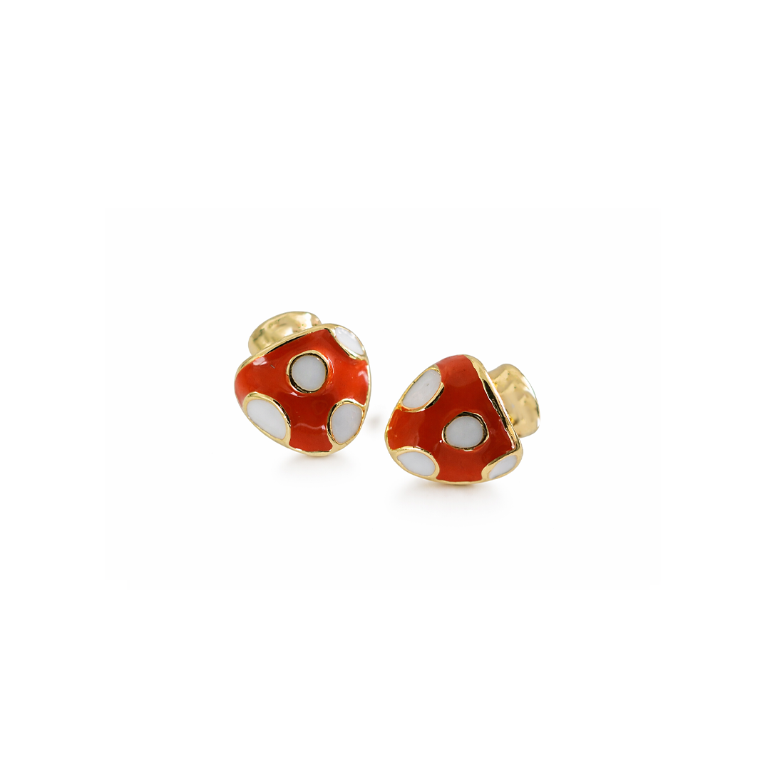 Mushroom shaped earrings with red caps and white spots 