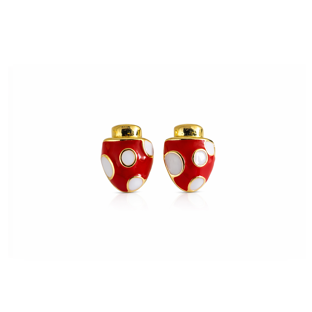 Red mushroom shaped earrings with gold plated tops 