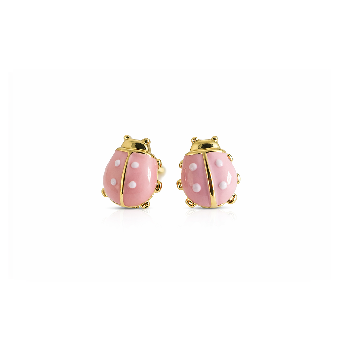 Pink ladybug earrings with gold plated accents 