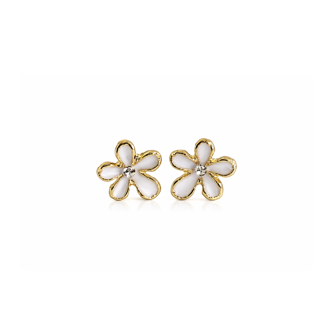 Pair of gold flower shaped earrings with white centres