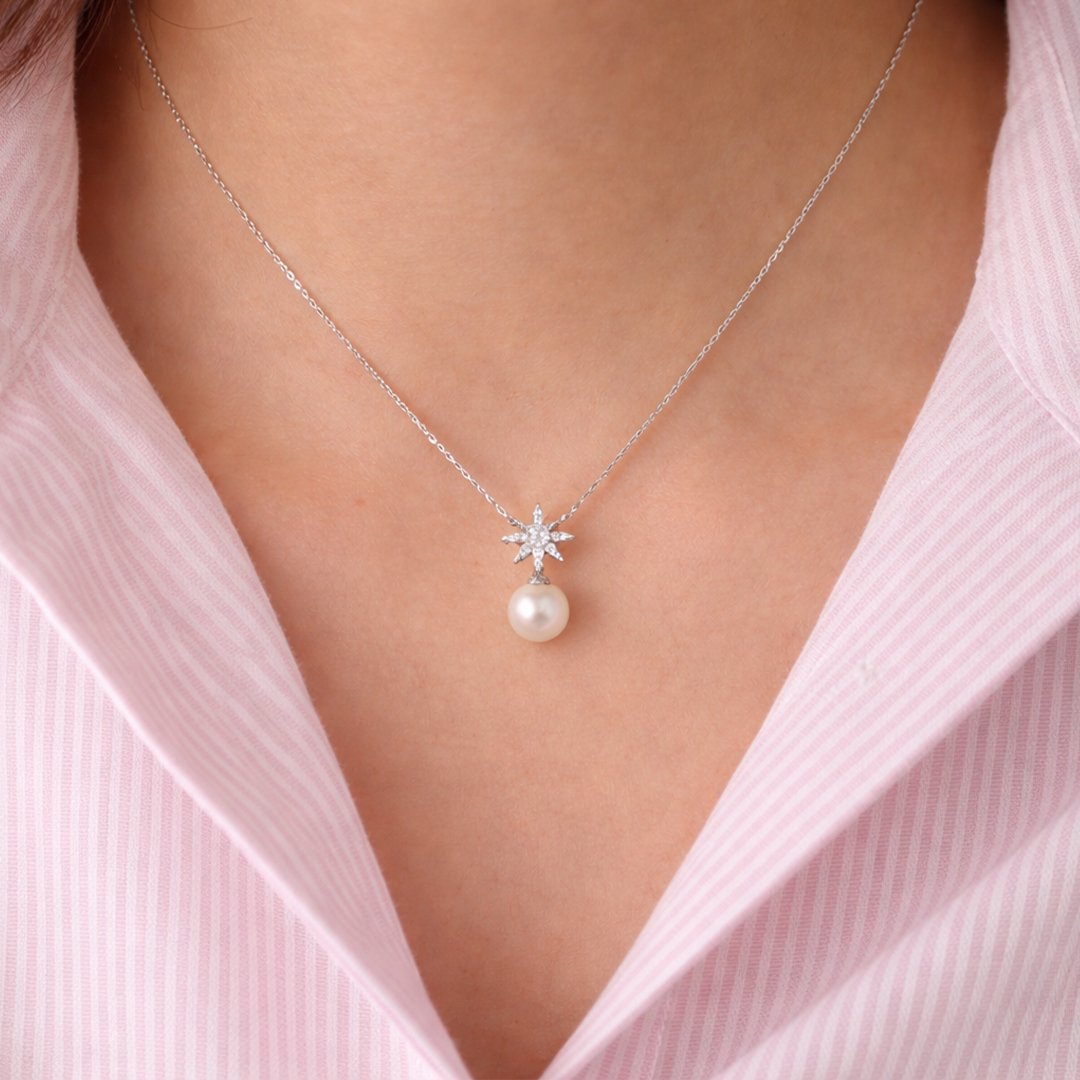 pearl necklace with star shaped pendant with sterling silver chain