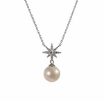Necklace with a star shaped pendant, pearl and sterling silver chain