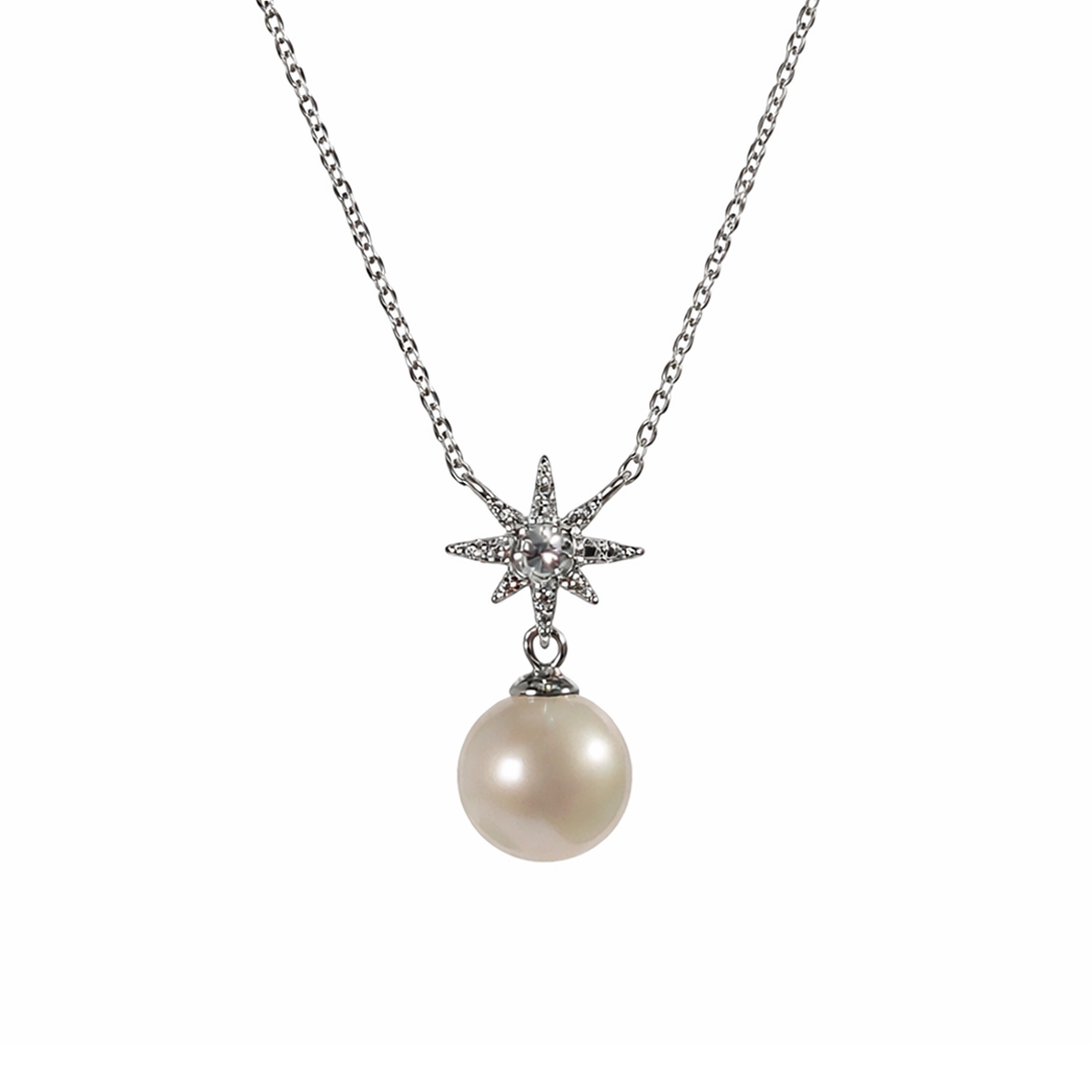 Necklace with a star shaped pendant, pearl and sterling silver chain