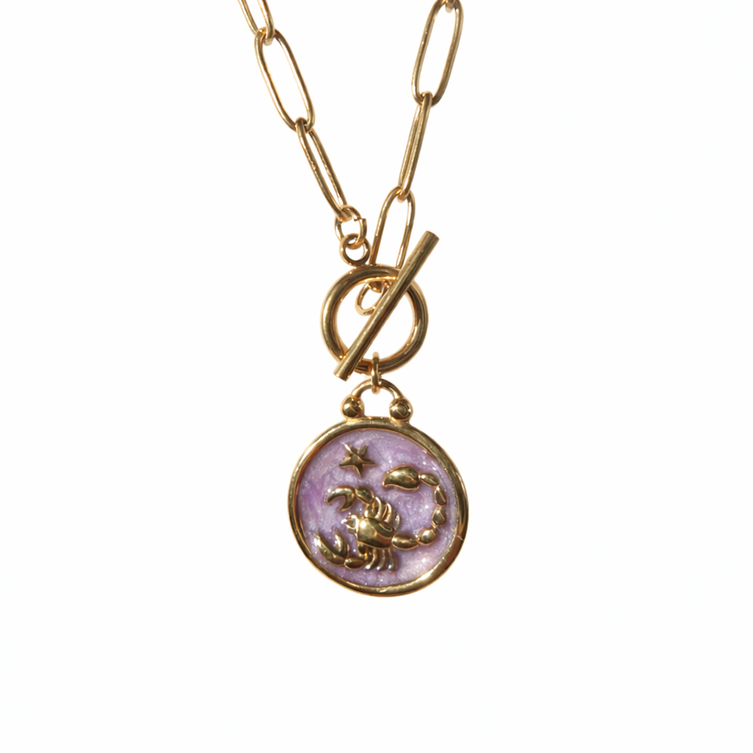 Necklace with a gold plated chain and a round pendant featuring a scorpion design 