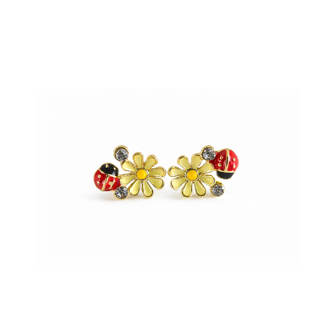 Pair of earrings with floral and ladybug designs 