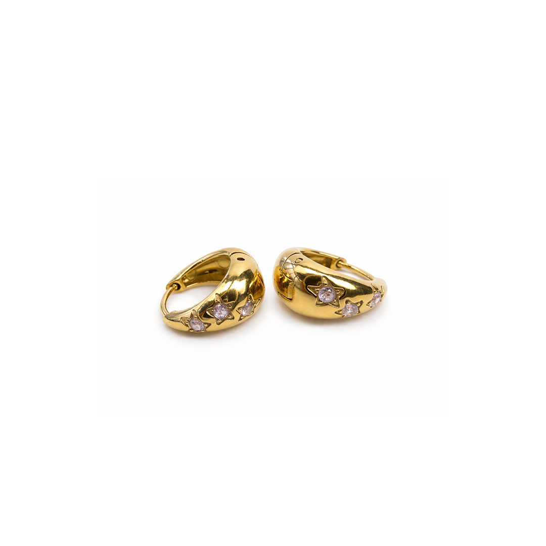Starfall is pair of gold hoop earrings with embedded light purple stones