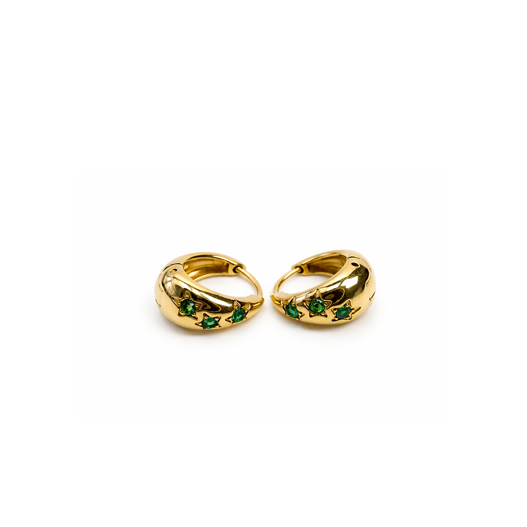Starfall is pair of gold hoop earrings with embedded green stones