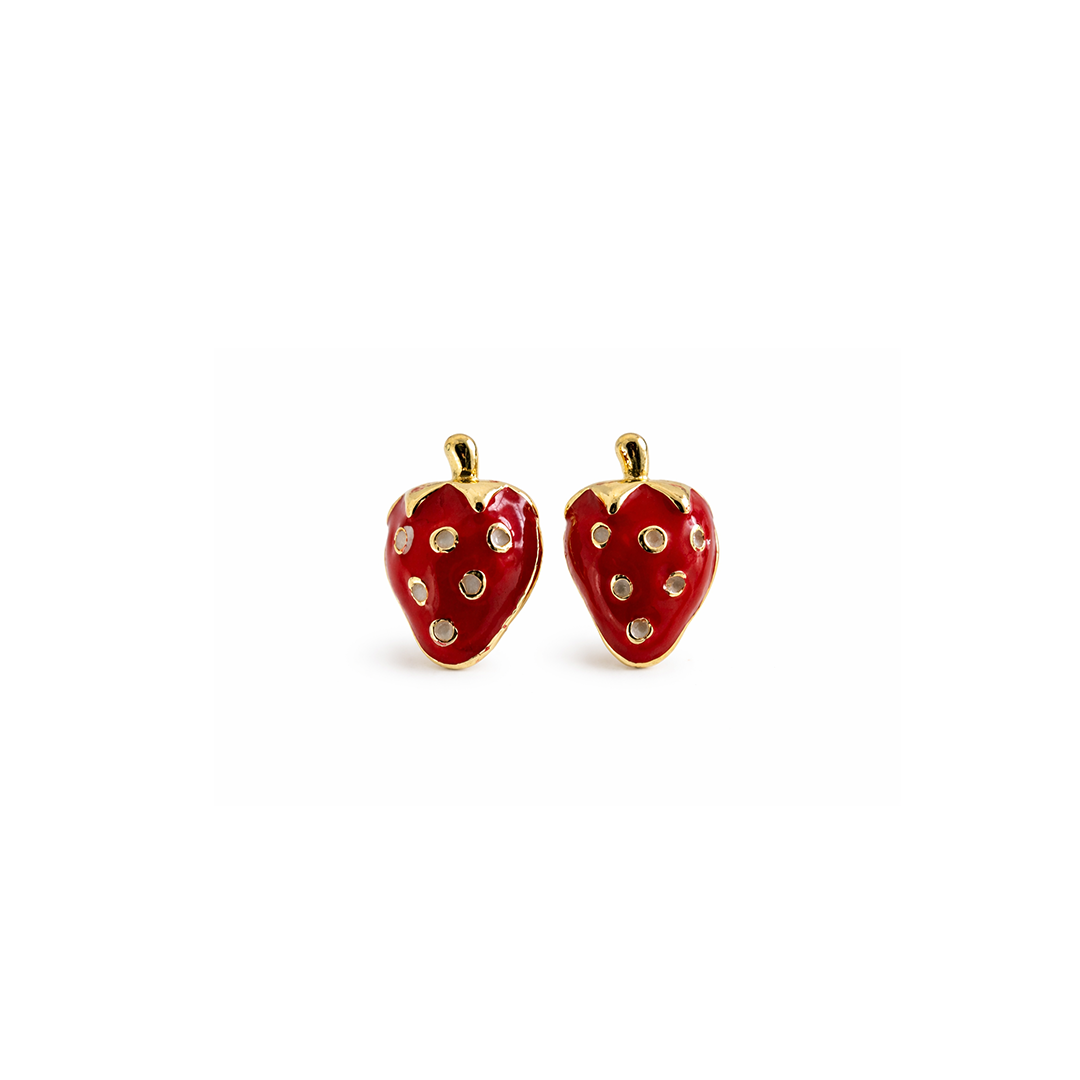 Red strawberry shaped earrings with gold plated accents 