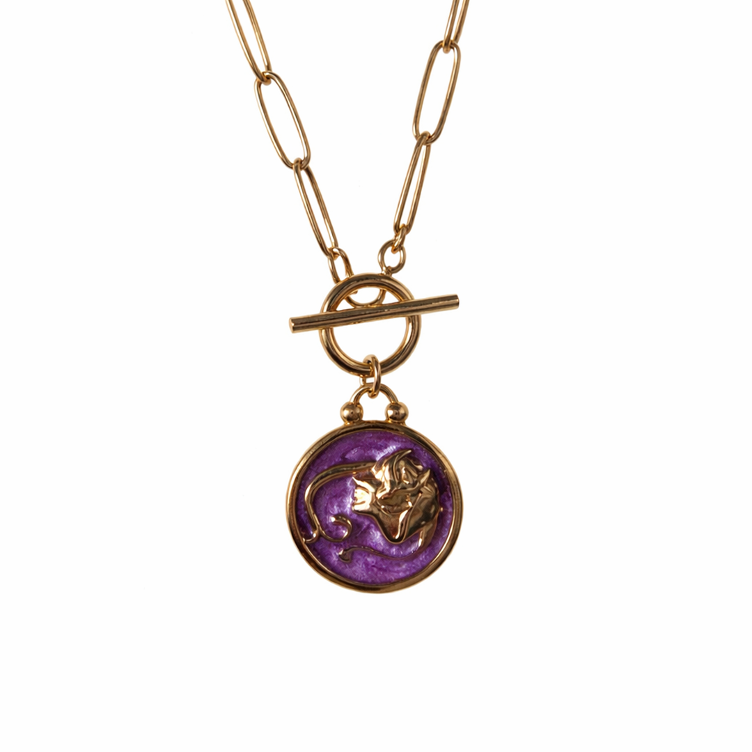 Virgo necklace with a purple pendant featuring a unique design on resin