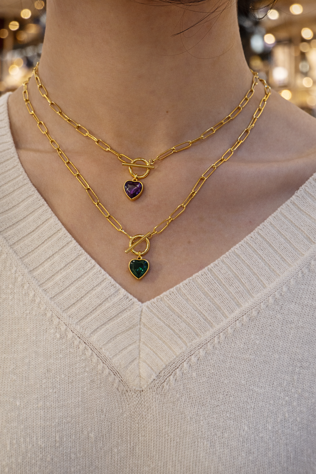 Vow two gold plated stainless necklaces with heart shaped charms